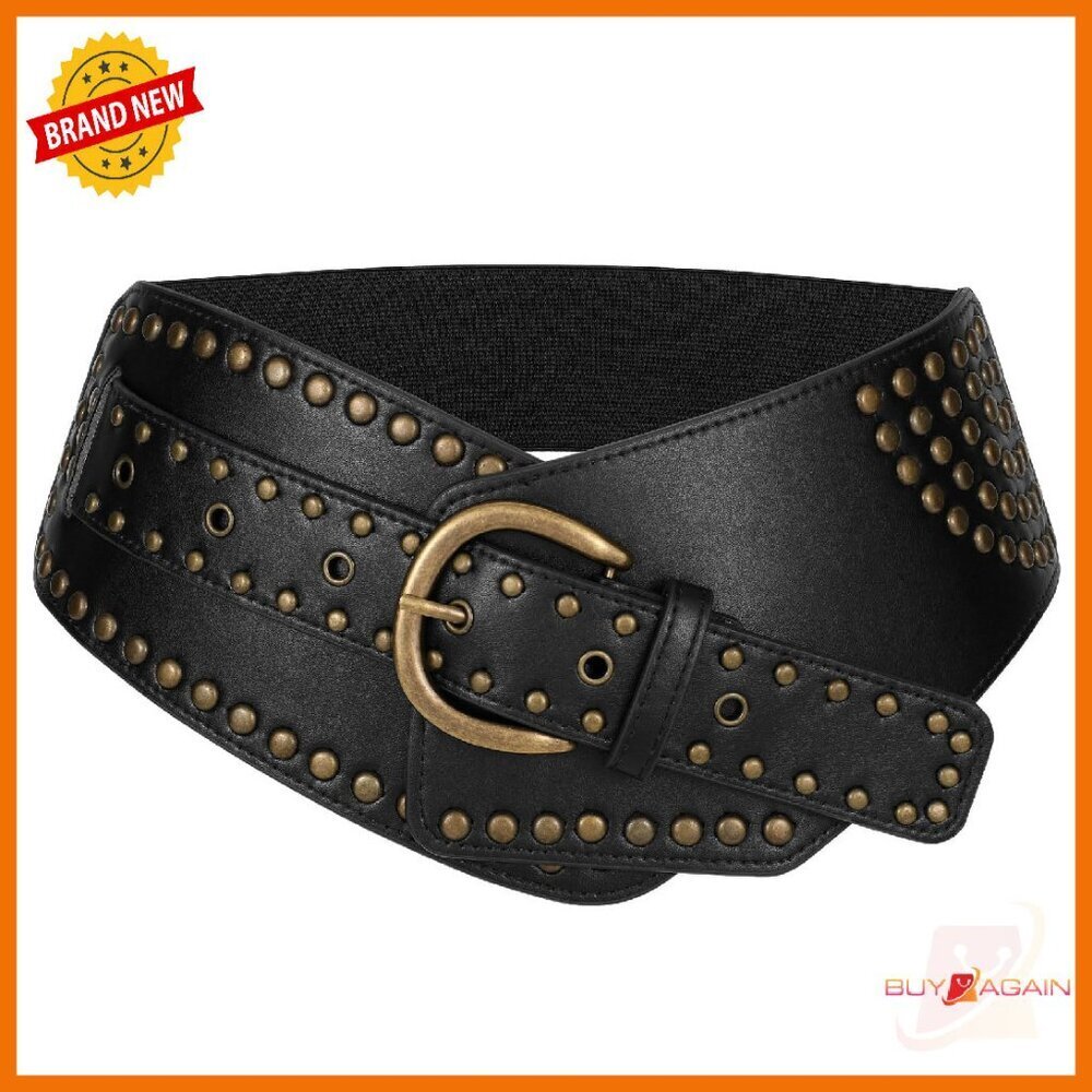 Vintage Wide Elastic Waist Belt with Studded Rivets Metal Buckle